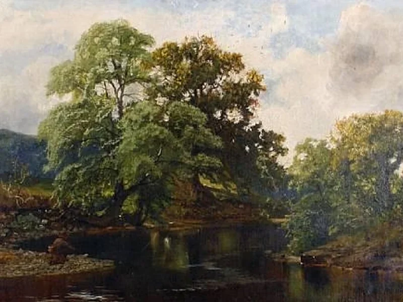 1820-John Wright Oakes - Paesaggio fluviale con un pescatore in primo piano, circa 1887